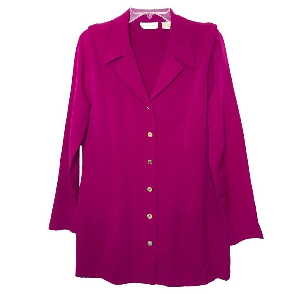 Vintage - DANA BUCHMAN - 100% Silk Magenta Longline Button Front Blazer - Size 6